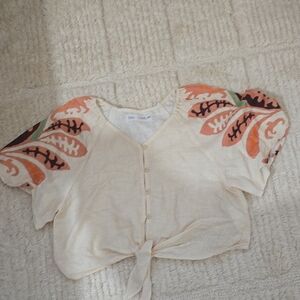 Zara Cream and Orange Blouse with Leaf Pattern